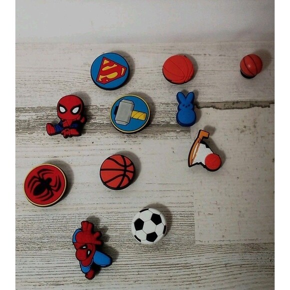 Croc Jibbitz Assorted Accessories 11 pieces  Superman / Spider-Man / Sports - Picture 1 of 7